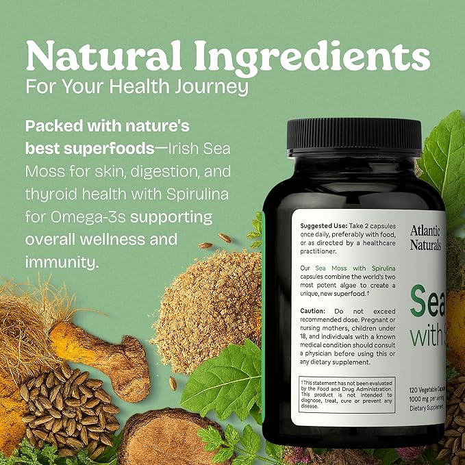 Atlantic Naturals Sea Moss with Spirulina Superfood Capsules - Multivitamin Supplement Supports Healthy Iron and Immune Health Alternative to Seamoss Gel and Powder - Irish Sea Moss Capsules (120 ct)