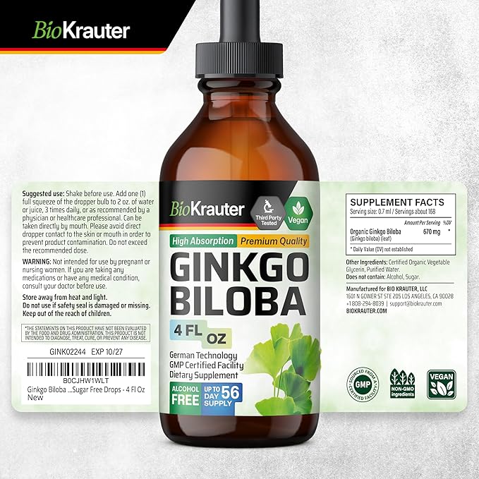 BIO KRAUTER® Ginkgo Biloba for Brain Support - Pure Vegan Ginkgo Biloba Supplement 670 mg - Supports Calm Focus &amp Memory - Alcohol &amp Sugar Free 4 Fl.Oz 56-Day Supply Liquid Drops for Brain