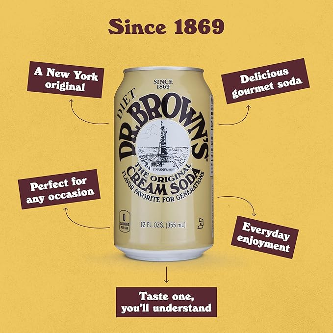 Dr. Brown's Diet Cream Soda - A New York Original - 24 Cans - Kosher Vanilla Cream Craft Soda Pop - Gourmet Diet Cream Soda - 24 x 12 oz Cans