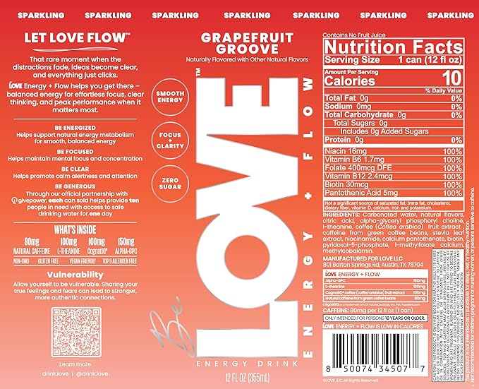 Be LOVE Energy + Flow Drink – 80mg Natural Caffeine L-Theanine &amp Alpha-GPC for Clean Calm Focus – Zero Sugar Low Calorie 100% DV B-Vitamins – Non-GMO Vegan – 12 fl oz (Pack of 12) (Grapefruit)