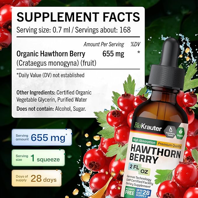 BIO KRAUTER® Hawthorn Berry - Pure Vegan Hawthorne Berry Supplement - Used for Overall Support &amp Daily Wellness - Liquid Drops 655 mg per Serving - Alcohol &amp Sugar Free 2 Fl. Oz 28 Days of Su