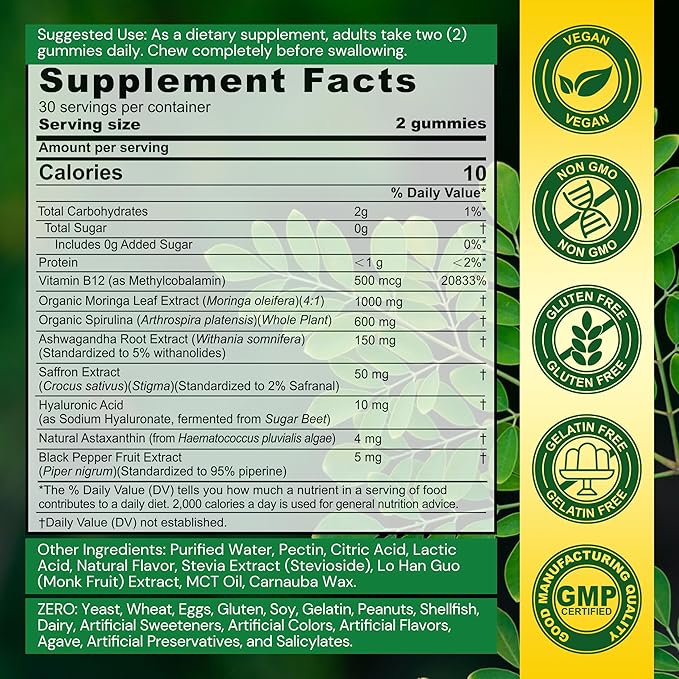 Moringa Gummies 1000mg - Organic Moringa Ashwagandha Spirulina Saffron Natural Astaxanthin 4mg &amp B12 - Nature's Multivitamin for Women &amp Men Energy Gut Skin &amp Mood Support Sugar-Fr