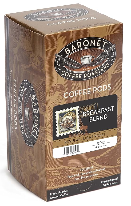 Baronet Coffee Breakfast Blend Coffee Pods Bag - Regular Light Roast - 3 Boxes of 16 Single Serve Pods - 48 Count 12 Grams - Individually Wrapped for Freshness - Rich Traditional Flavor
