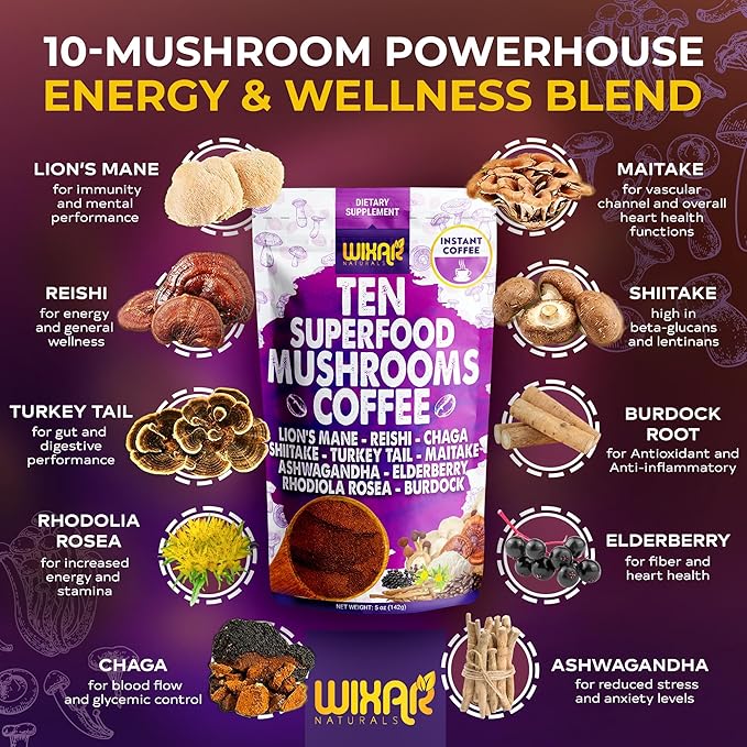 WIXAR Superfood Mushroom Coffee - Instant Coffee Powder Ten Superfood Extracts with Lion's Mane Turkey Tail Reishi Chaga Shiitake Ashwagandha Rhodiola Rosea Elderberry 5oz Mushroom Supplement