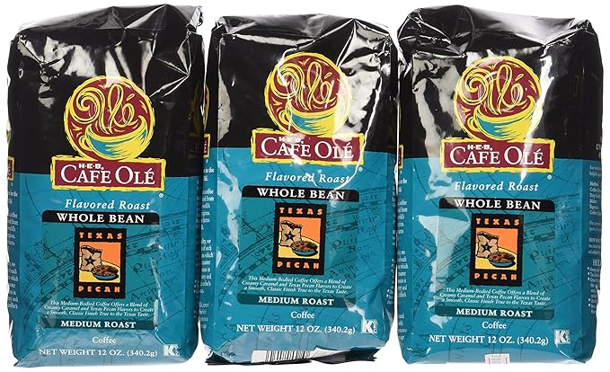 HEB Cafe Ole Whole Bean Coffee 12oz Bag (Pack of 3) (Texas Pecan - Medium Dark Roast (Full City))