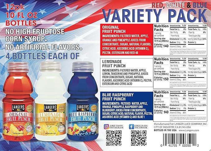 Langers Red White and Blue Fruit Punch Variety Pack 10 Fl Oz (Pack of 12)