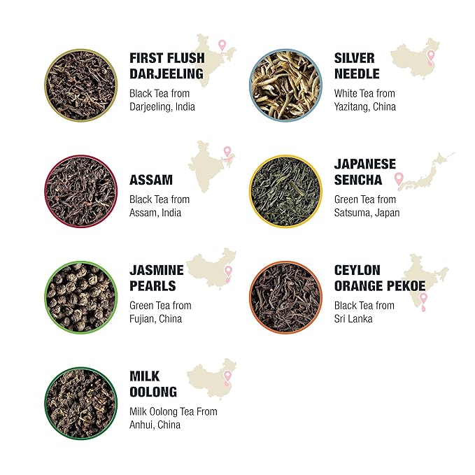 Tiesta Tea - Single Origin Tea Sampler Dry Flight Set Loose Leaf High to Low Caffeine Makes Hot &amp Iced Assorted Brew Sets with Green White Black &amp Oolong 7 Resealable Sample Pouches