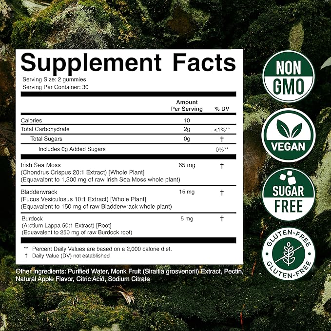 Secret Element Sea Moss Gummies 1300MG for Women and Men Irish Sea Moss with Bladderwrack &amp Burdock Root Vegan Sea Moss Gummies Sugar Free Non-GMO Apple Flavor 60 Gummies