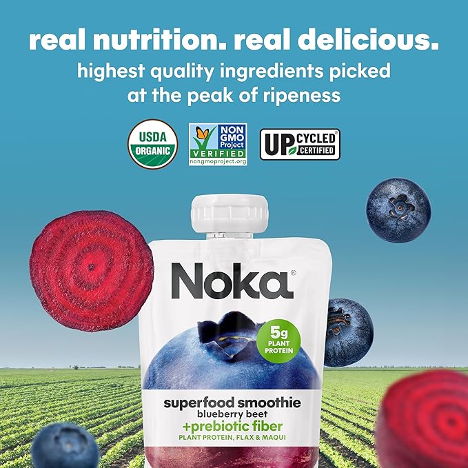 Noka Superfood Fruit Smoothie Pouches Blueberry Beet Healthy Snacks with Flax Seed Prebiotic Fiber and Plant Protein Vegan and Gluten Free Organic Fruit &amp Veggie Squeeze Pouch 4.22 oz 12 Co