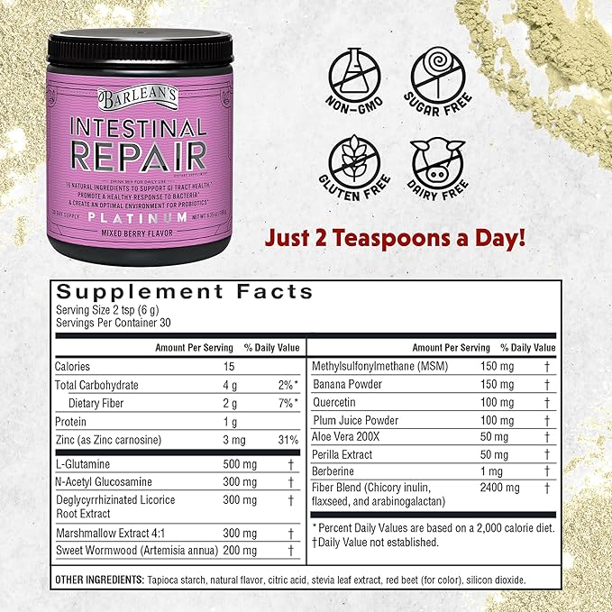 Barlean's Gut Health Powder Intestinal Repair Fiber and Digestive Support Blend for Men and Women Mixed Berry Drink Mix 6.35 oz