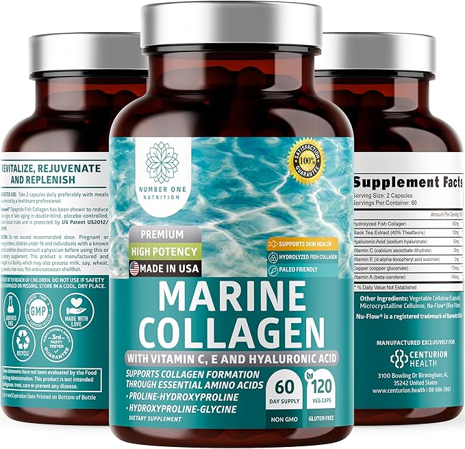 Hydrolyzed Marine Collagen with Hyaluronic Acid Vitamin C Theaflavin and Copper Collagen Supplement for Women and Men for Radiant Skin Hair &amp Nails Gluten Free and Non-GMO 120 Veg Caps