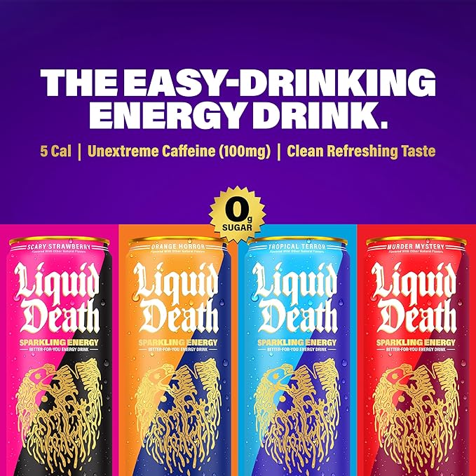Liquid Death Sparkling Energy - Scary Strawberry Zero Sugar Energy Drink Unextreme Caffeine 100mg Essential Vitamins 12 Fl Oz (Pack of 12)