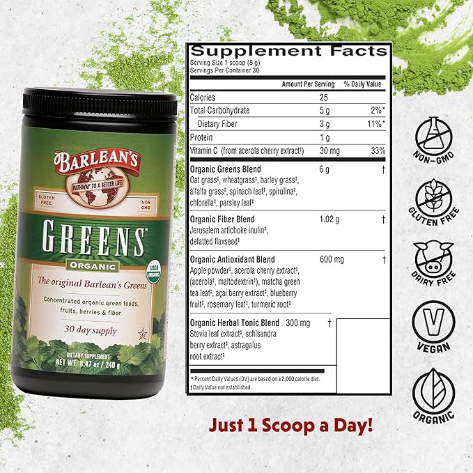 Barlean's Organic Greens Powder Daily Fruit and Vegetable Superfood Supplement with Green Food Protein Probiotic Blend and Fiber Drink Mix 8.47 oz