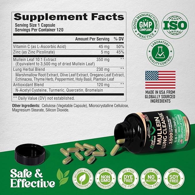 Mullein Leaf Extract for Lung Detox - Marshmallow Root | Echinacea | Oregano | Quercetin | NAC - 15-in-1 Lung Support &amp Cleanse for Smokers Supplement - Made in USA - As Drops Tincture - 120 Caps