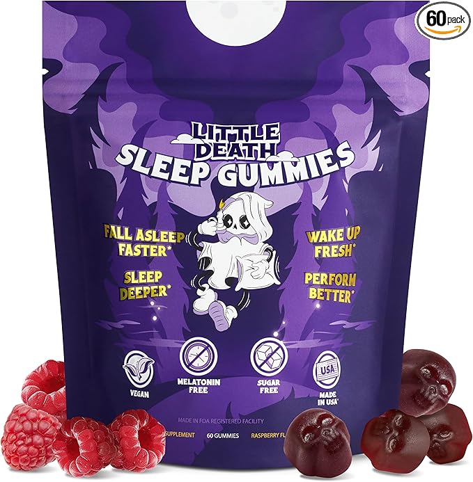 LITTLE DEATH Deep Sleep Gummies 60 Pcs. – 50 mg. Magnesium Ashwagandha Chamomile Vitamin B6 – Raspberry Flavor – Melatonin Free Sugar Free Vegan Made in USA