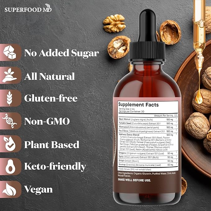 Wormwood Black Walnut Cleanse for Humans Drops Liquid Soursop Garlic Pumpkin Seed PAU D'Arco Oil of Oregano Turmeric Berberine Neem Extract Hull Bark Tincture - 6 oz