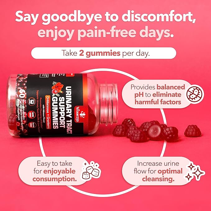 Potent Cranberry Gummies with D Mannose - Urinary Tract Health for Women &amp Men Urinary Flush &amp Bladder Fast-Acting Support Supplements with Hibiscus Powder 60 Count