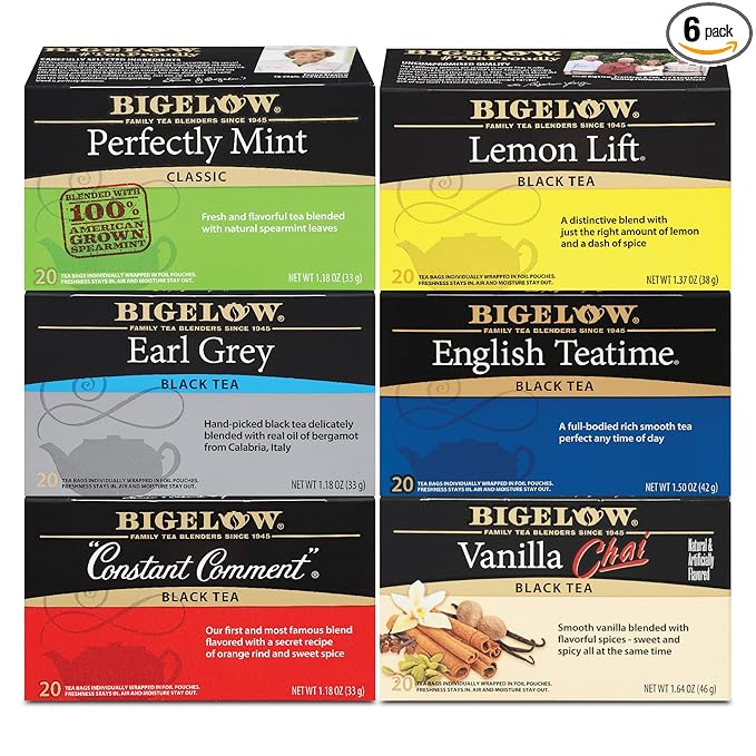 Bigelow Tea Black Tea 6 Flavor Variety Pack Caffeinated Tea with Mint Lemon Constant Comment English Teatime Earl Grey and Vanilla Chai 20 Count Box (Pack of 6) 120 Total Tea Bags