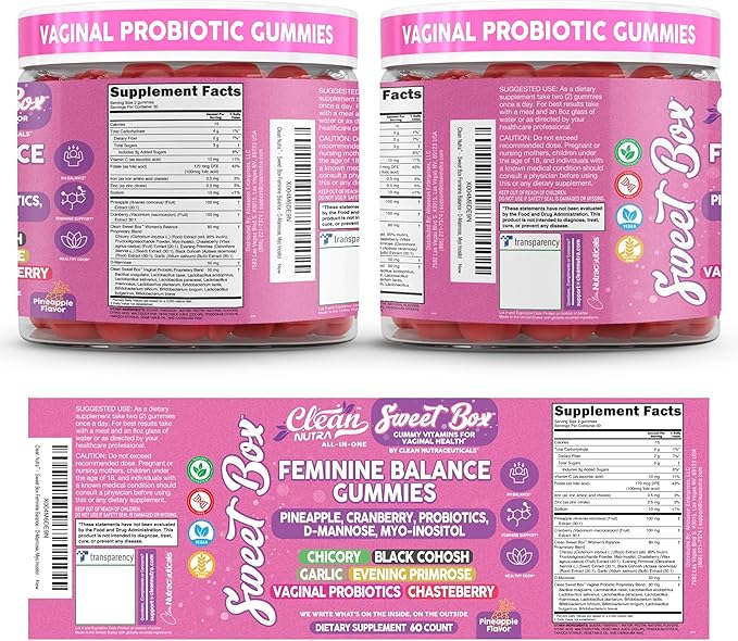 Clean Nutra Feminine Balance Gummies for Women Pineapple VaginalProbiotics pH Balance Cranberry D Mannose Supplement Inositol Black Cohosh Evening Primrose Garlic Vitex GLA Prebiotics Folate 60ct