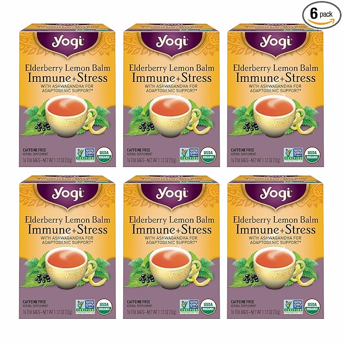 Yogi Tea Elderberry Lemon Balm Immune &amp Stress Tea - 16 Tea Bags per Pack (6 Packs) - Organic Immune Support Tea - Includes Ashwagandha Root Lemon Balm Leaf Lemongrass Licorice Root &amp More.