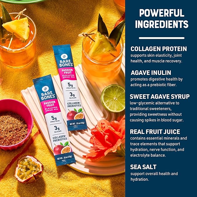 Bare Bones Passion Fruit Elevated Drink Mix | Light &amp Flavorful | Gluten-Free &amp Naturally Sweetened | On-the-Go Stick Single-Serve Packs Powdered Refreshment | 5g Protein | 16 Packets (.60 oz)