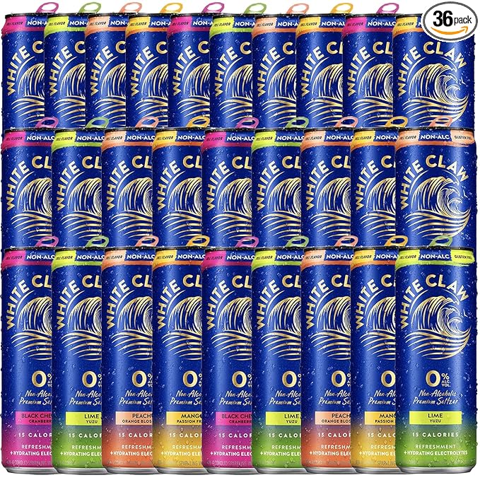 White Claw 36 Pack 0% Alcohol Peach Mango Lime and Black Cherry Non-Alcoholic Premium Non-Hard Seltzer | 15 Calories Gluten Free Hydrating Electrolytes