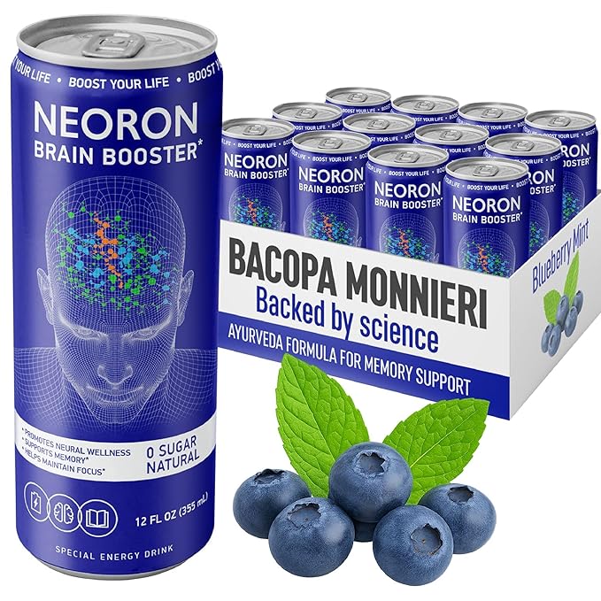 NEORON Focus + Calm | Sugar-Free Nootropic Drink for Mental Clarity - Stress &amp Burnout Support (12-Pack Blueberry &amp Mint)