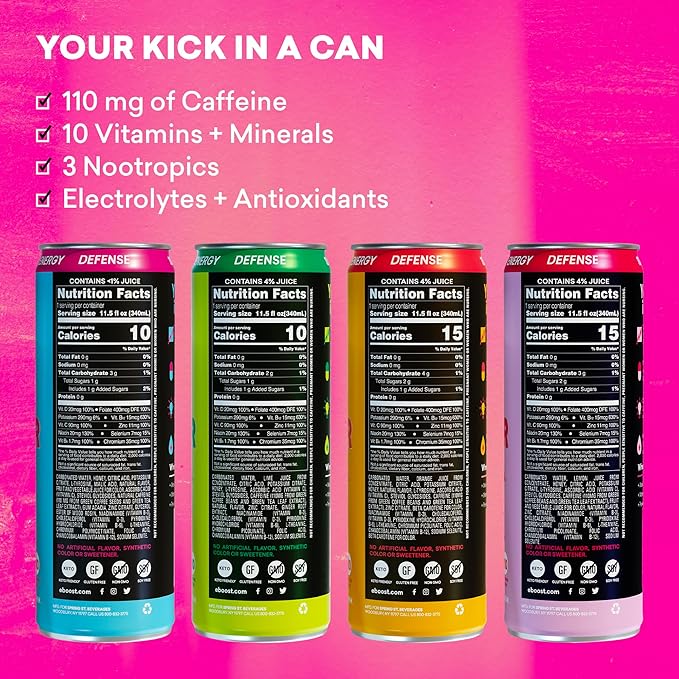 EBOOST Super Fuel Healthy Energy Drink - Caffeine from Natural &amp Clean Ingredients For Focus and Productivity -Taurine Free Pre-Workout With Electrolytes Nootropic &amp Vitamins - Variety Pack