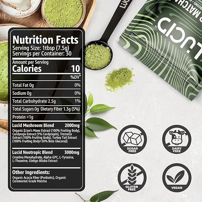 Lucid Superfood Organic Mushroom Matcha with Nootropics - Lion's Mane Tremella Cordyceps &amp Turkey Tail - Instant Mushroom Matcha Focus Brain Health - Alpha GPC L-Theanine Ginko Biloba - USA Ma