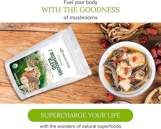 Z Natural Foods Organic 7 Sacred Mushrooms Blend - Lion’s Mane Cordyceps Chaga Red Reishi Shiitake Maitake - Organic Mushroom Powder for Coffee Smoothies 1 lb