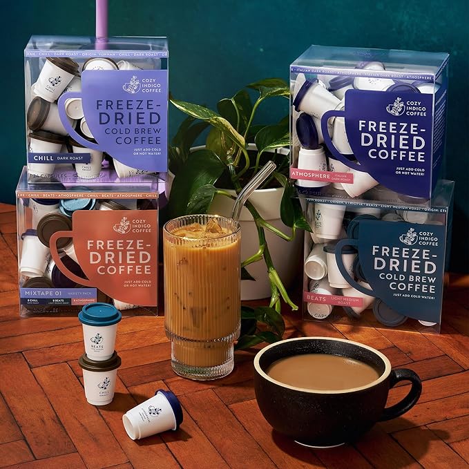 COZY INDIGO COFFEE - MIXTAPE 01 Instant Freeze Dried Specialty Coffee 3 Flavor Variety Pack Medium Dark Italian Roasts 24 Capsules 100% Arabica Beans Enjoy Cold or Hot Perfect for Travel and O