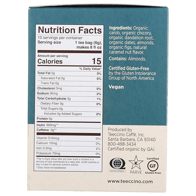 Teeccino Dandelion Dark Roast and Dandelion Caramel Nut Tea Variety Pack - Caffeine-Free Roasted Herbal Tea with Prebiotics Gluten Free - 10 Tea Bags (Pack of 4)