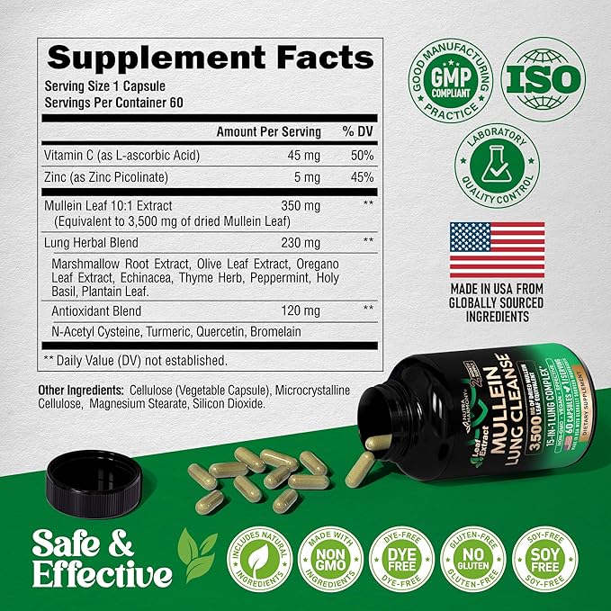 Mullein Lung Detox - Mullein Leaf Extract - Marshmallow Root | Echinacea | Oregano | Quercetin | NAC - 15-in-1 Lung Support &amp Cleanse for Smokers Supplement - Made in USA - As Drops - 60 Capsules