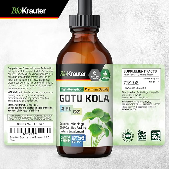 BIO KRAUTER® Centella Asiatica (Gotu Kola)- Liquid Drops Gotu Kola Extract 685 mg/Serving 4 Fl.Oz 56-Day Supply - Pure Vegan Brain Supplement Supports Calm Focus &amp Memory - Alcohol &amp Sugar F