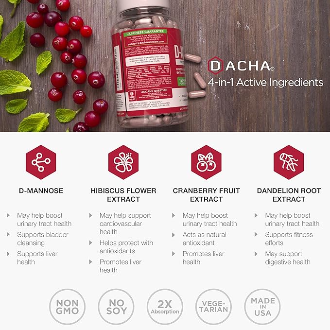 Natural D-Mannose Capsules 4-in-1 Formula - 120 CAPS 1500 MG Cranberry Dandelion Hibiscus Flower Extract Pills for Supporting Bladder and Urinary Tract Health