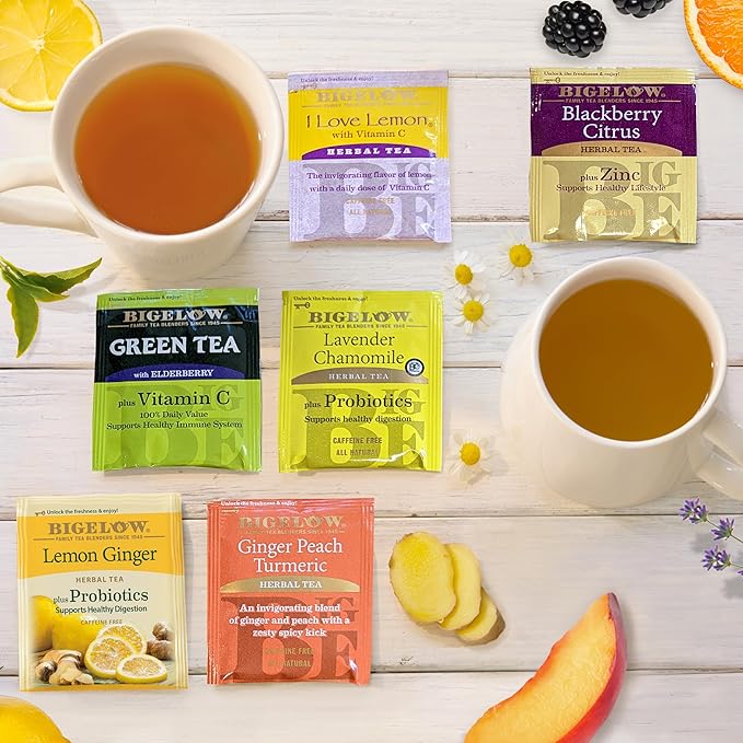 Bigelow Tea Immunity Herbal Tea Variety Pack Caffeinated Green Tea and Caffeine Free Tea Bags for Immune Support (Pack of 6) 110 Total Tea Bags