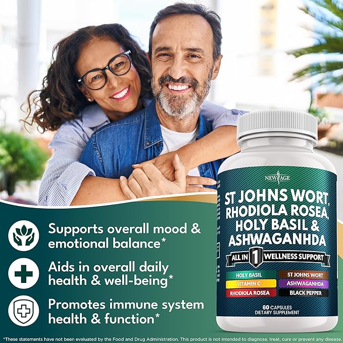 NEW AGE St Johns Wort Rhodiola Rosea Holy Basil Ashwagandha - Support for Women and Men with Vitamin C &amp Black Pepper Extract - 60 Count