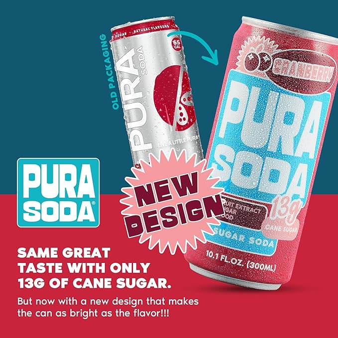 PuraSoda® Cranberry | 65 Calories &amp 13g Pure Cane Sugar per Can | Non-GMO Vegan | Made with Pure Cane Sugar Clean &amp Refreshing | 10 fl oz (300ml) Cans Pack of 24