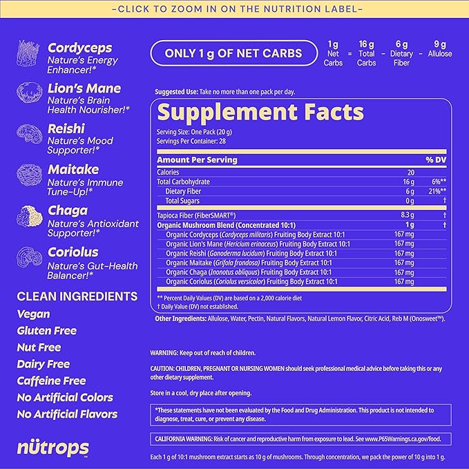 Nutrops Sugar-Free Lions Mane Mushroom Gummies for Adults Functional Nootropics Herbal Brain Supplement for Energy Brain Health Cognitive Memory &amp Focus Reishi Chaga Cordyceps - 28 Day Sup