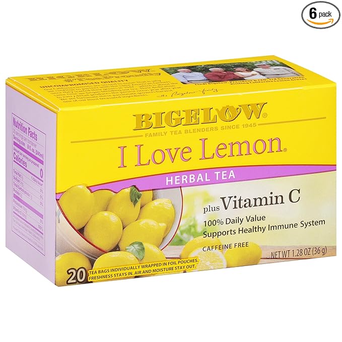 Bigelow Tea I Love Lemon with Vitamin C Herbal Tea Caffeine Free Tea with Lemon 20 Count Box (Pack of 6) 120 Total Tea Bags