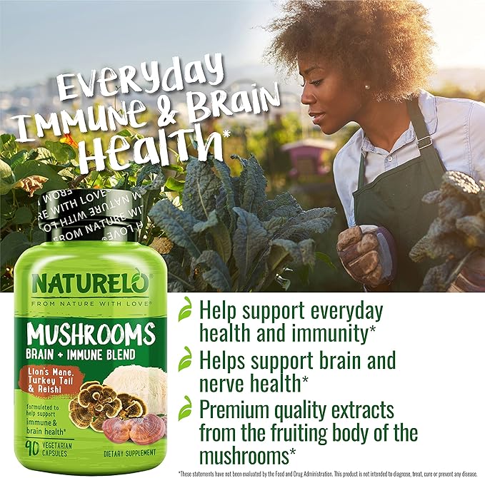 NATURELO Mushroom Supplement Capsules 90 Ct Brain &amp Immune Support Vegan-Friendly Lions Mane Supplement Capsules Lion’s Mane Reishi Turkey Tail Blend