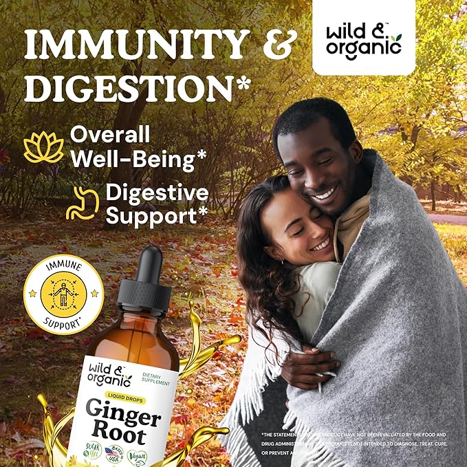 Wild &amp Organic Ginger Root Extract Drops - Immune &amp Digestive Support - Liquid Ginger Supplements - Vegan Sugar &amp Alcohol-Free Tincture - 4 fl oz