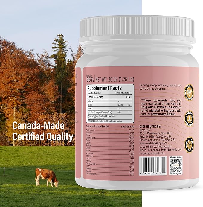 Collagen Powder 20 Oz 66 Servings Hydrolyzed Collagen Peptides Grass-Fed Bovine Unflavored Made in Canada Supports Joints Skin Hair &amp Nails Protein Supplement for Women &amp Men