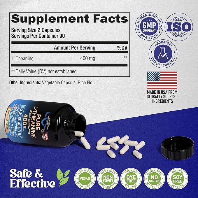 L Theanine 400 mg | L-Theanine Stress Relief | Extra Strength Supplement | Made in USA | Relaxation Sleep &amp Calm Support | For Men &amp Women | Plant Based Non-GMO &amp Gluten-Free | 180 Vegan