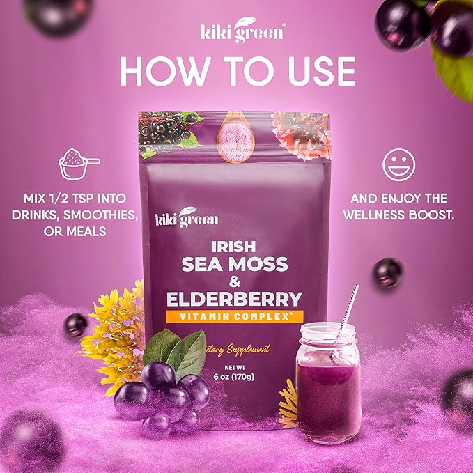 KIKI Green Sea Moss Powder with Elderberry - Vegan Superfood Multivitamin Blend - for Immune Boost and Support - Add to Smoothies Juice 6 oz