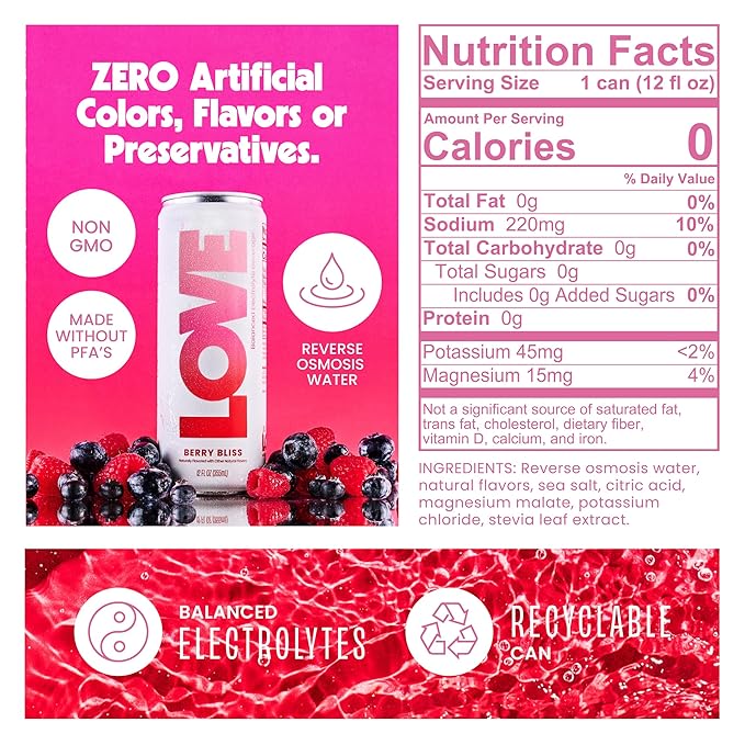 Be LOVE Lightly Flavored Electrolyte Beverage with Magnesium Potassium &amp Sodium - Purified Still Beverage for Daily Hydration Exercise Work &amp Wellness- Zero Sugar Gluten Free (Berry Bliss
