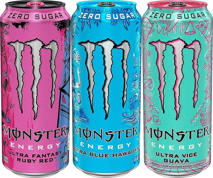 Monster Energy Ultra Variety Pack Blue Hawaiian Ultra Vice Guava Ultra Fantasy Ruby Red Sugar Free Energy Drink 16 Ounce (Pack of 15)