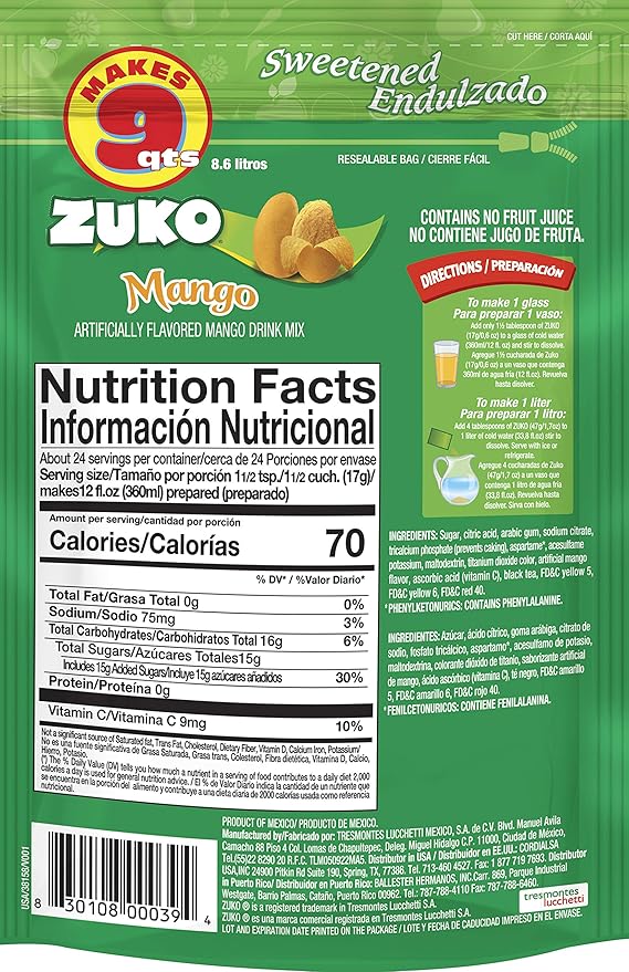 Zuko Mango Instant Powder Drink Family Pack 14.1 oz Pack of 6