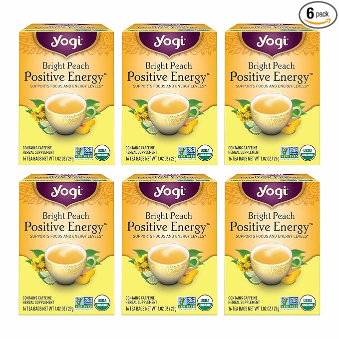 Yogi Tea Bright Peach Positive Energy Tea - 16 Tea Bags per Pack (6 Packs) - Organic Tea to Support Focus &amp Energy - Includes Oolong Tea Leaf White Hibiscus Flower Rose Hips &amp More