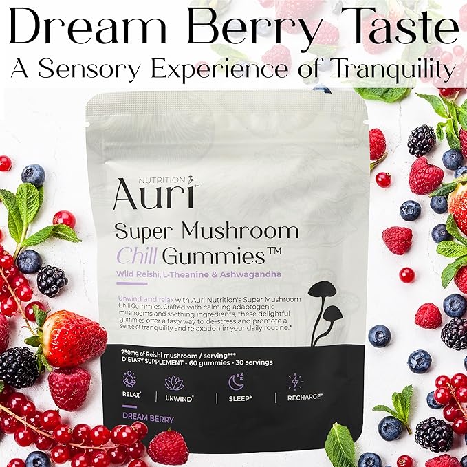 Auri Nutrition Super Mushroom Chill Gummies - Natural Calming Aid &amp Stress Reduction Supplement for Adults w/Reishi Mushroom Ashwagandha L-Theanine- Unwind Mind &amp Harmonize Your Day- 60 Calm